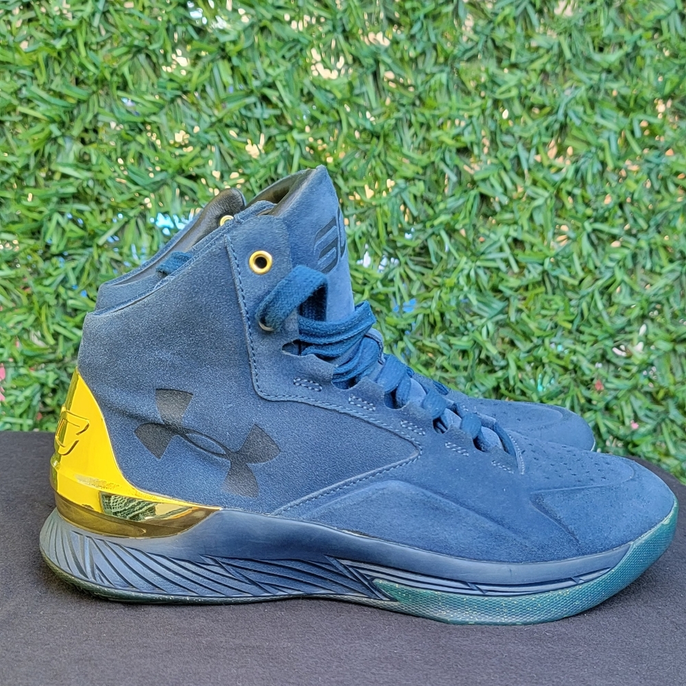 Under Armour Curry 1 Lux mid suede navy and gold shoes
